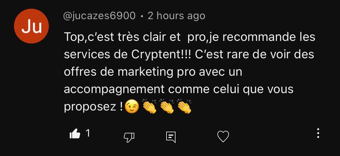 Capture client Cryptent — preuve sociale 01